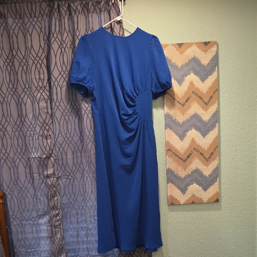 Royal Blue Midi Dress with Side Ruching and Puff Sleeves